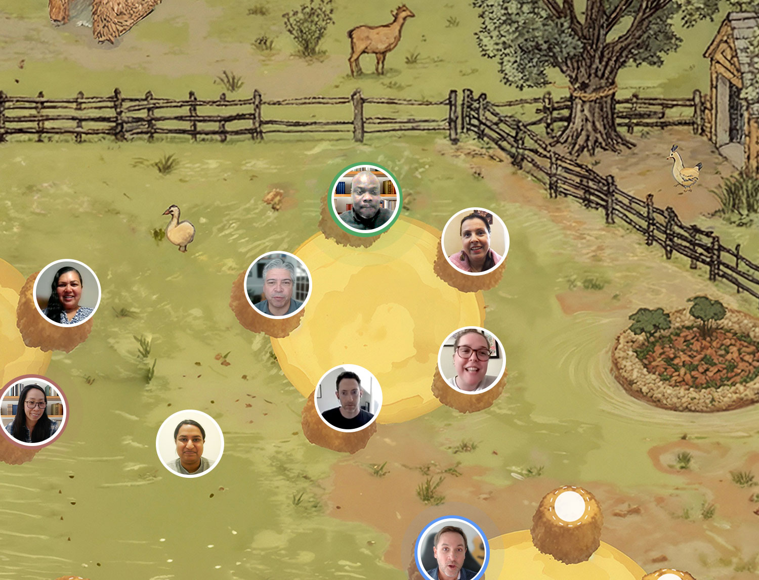 Farm Mingle template, an illustrated farmyard with haystack seating zones